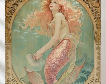 Mermaid Set of 5 Wall Art Mermaid Painting Mermaid Digital Print Fantasy Art Pink