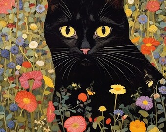 グスタフ・クリムト風猫アートプリント5枚セット：フラワーガーデン