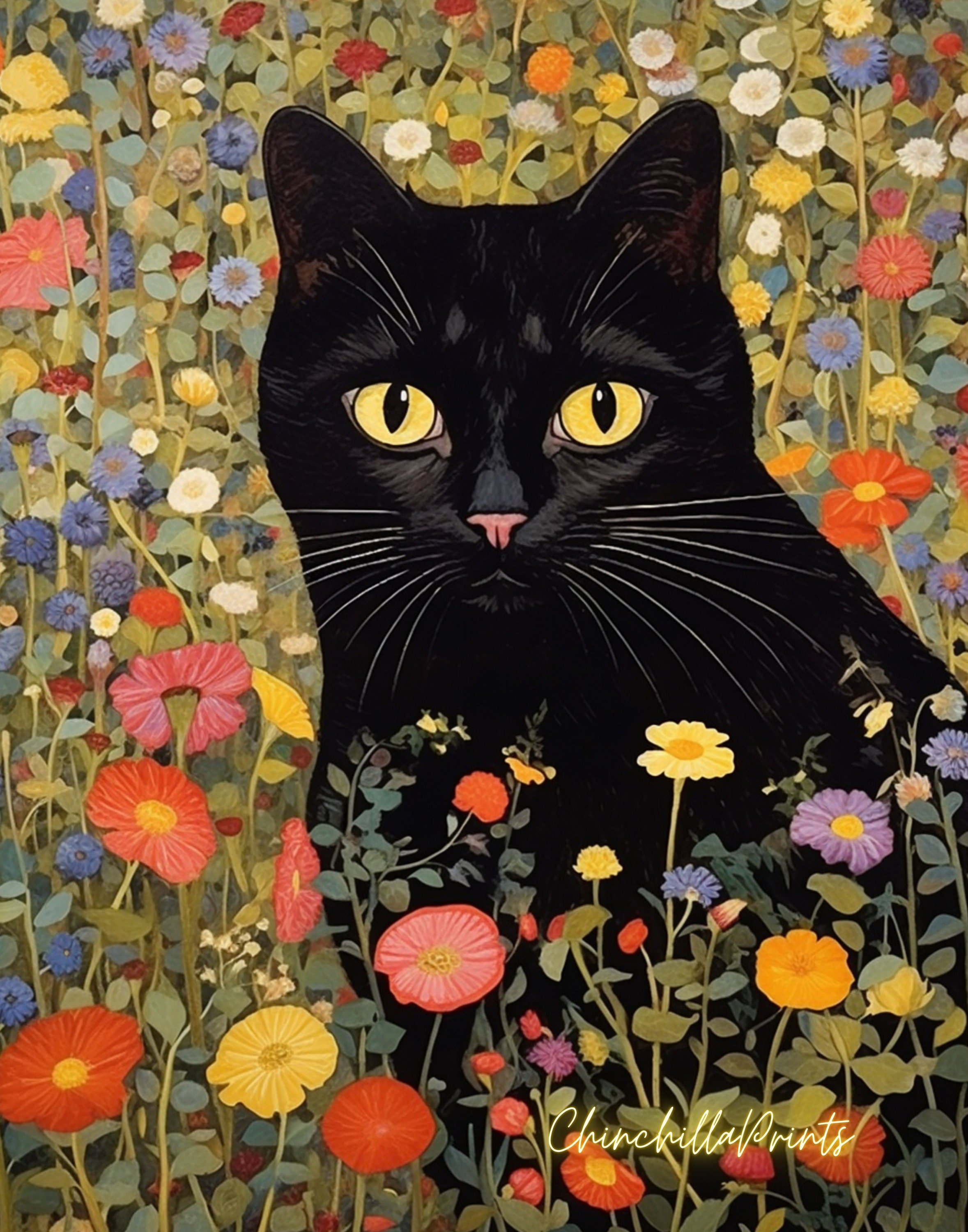 グスタフ・クリムト風猫アートプリント5枚セット：フラワーガーデン