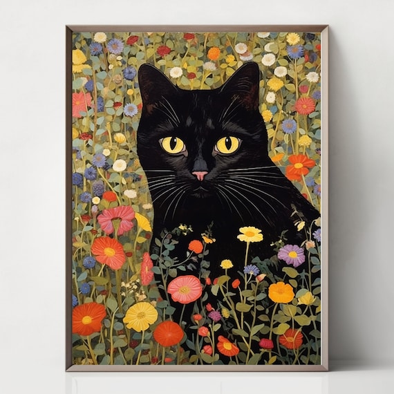 グスタフ・クリムト風猫アートプリント5枚セット：フラワーガーデン
