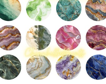May include: Set of 18 round marble-patterned digital stickers with gold accents. The stickers feature various colors and patterns, including blue, green, pink, red, and purple.