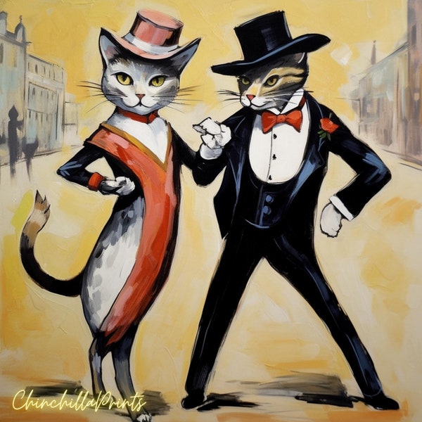 Watercolor cats, Watercolor drawing of cats dancing tango, Star couple of cats, Extravagant cats
