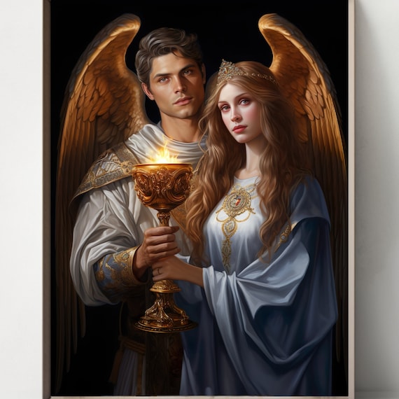 守護天使の水彩画プリント4枚セット、キリスト教の壁アート（デジタル