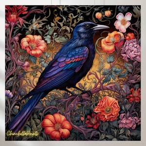 May include: A vibrant illustration of a dark blue bird perched on a branch, surrounded by colorful flowers and foliage. The artwork features a rich color palette with shades of orange, pink, and purple against a dark background. The artist's name, "ChinchillaPrints", is visible in the bottom left corner.
