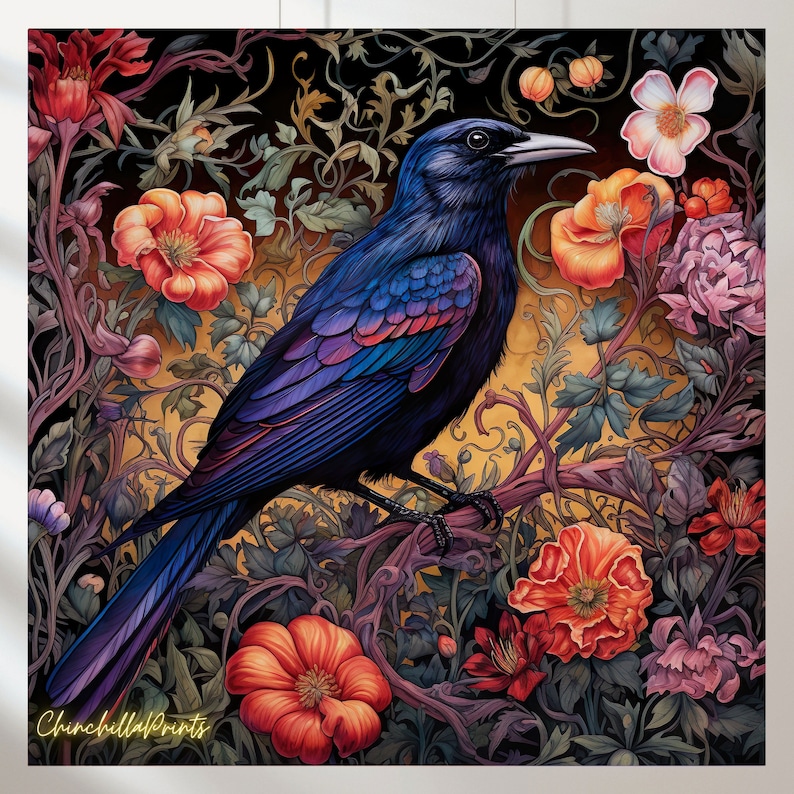May include: A vibrant illustration of a dark blue bird perched on a branch, surrounded by colorful flowers and foliage. The artwork features a rich color palette with shades of orange, pink, and purple against a dark background. The artist's name, "ChinchillaPrints", is visible in the bottom left corner.