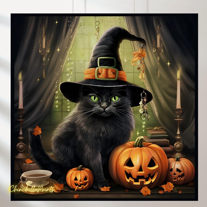Cat in a Witch Hat With Pumpkin Set of 4, Halloween, Commercial Use ...