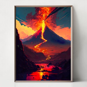 Puede incluir: Una impresión artística enmarcada que representa una erupción volcánica. La obra presenta una montaña azul oscuro con un río de lava. El cielo es una mezcla de naranja, amarillo y azul, con una explosión dramática en la cima del volcán. El tema general es un paisaje.