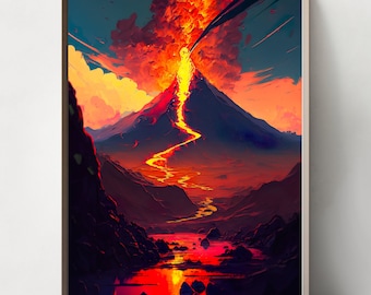 Lámina artística de volcán en erupción. Paisaje vibrante y dramático para decorar el hogar y la oficina.