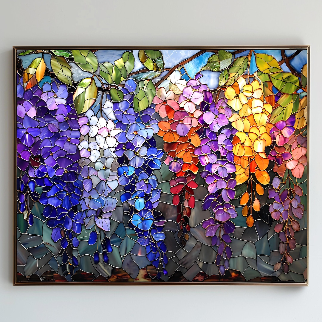 ローラ・クームス・ヒルズ ヴィンテージ ステンドグラス 花束 パステル画 絵画 花のステンドグラス 5枚セット、ステンドグラス、藤、青い花のステンド