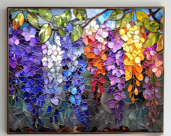 花のステンドグラス 5枚セット、ステンドグラス、藤、青い花のステンド