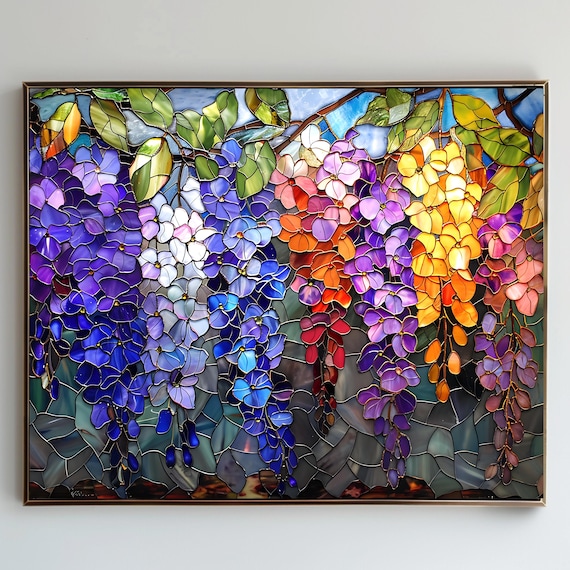 花のステンドグラス 5枚セット、ステンドグラス、藤、青い花のステンド
