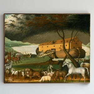 May include: A framed painting depicting Noah's Ark with various animals. The ark is a large, wooden structure with a ramp leading to it. Animals, including zebras, lions, and horses, are gathered in the foreground. The sky is dark and stormy.