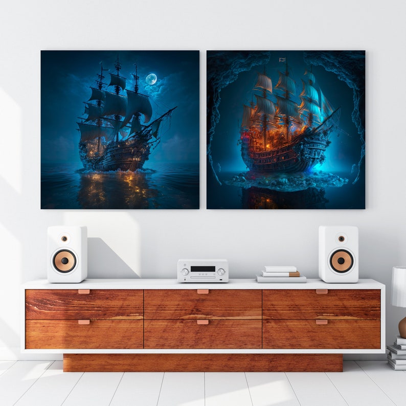 Ship Art Print of a Pirate Ship Warship Drawing Digital Reproductions