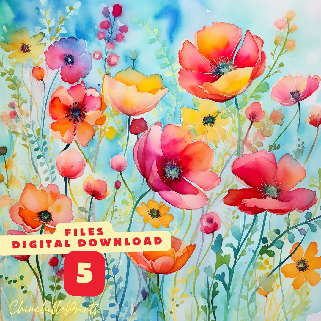 Set of 5 Wildflower Field Watercolor Print Set: Colorful Floral Wall ...