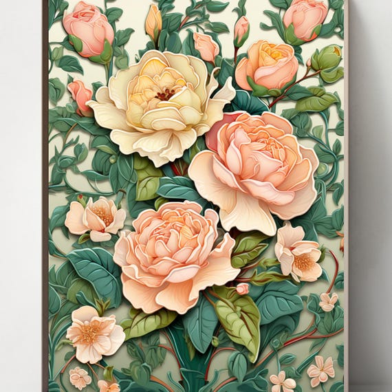 バラの花の絵画4枚セット、エキゾチックな花、アールヌーボー様式のJPG