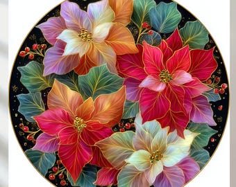 May include: A circular wall art piece featuring a vibrant floral arrangement of poinsettias in shades of red, orange, and white. The flowers are accented with green leaves and small red berries against a solid black background with gold outlines.