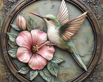 Set med 5 3D-kakeltryck med kolibri och blommor - (digital nedladdning)