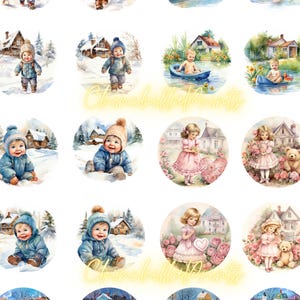 Op de afbeelding: Een verzameling aquarel illustraties met kinderen in wintersferen, baby's in sneeuwpakken en meisjes in jurken. Sommige afbeeldingen tonen baby's in bootjes, andere tonen schaatsen in een winterdorp. De tekst "Churchill Prints" is zichtbaar.