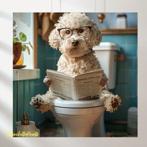 lagotto Set of 2 Dog Sitting on the Toilet and Reading the Newspaper Fun Bathroom Wall Decor Fun and Quirky Animal Prints