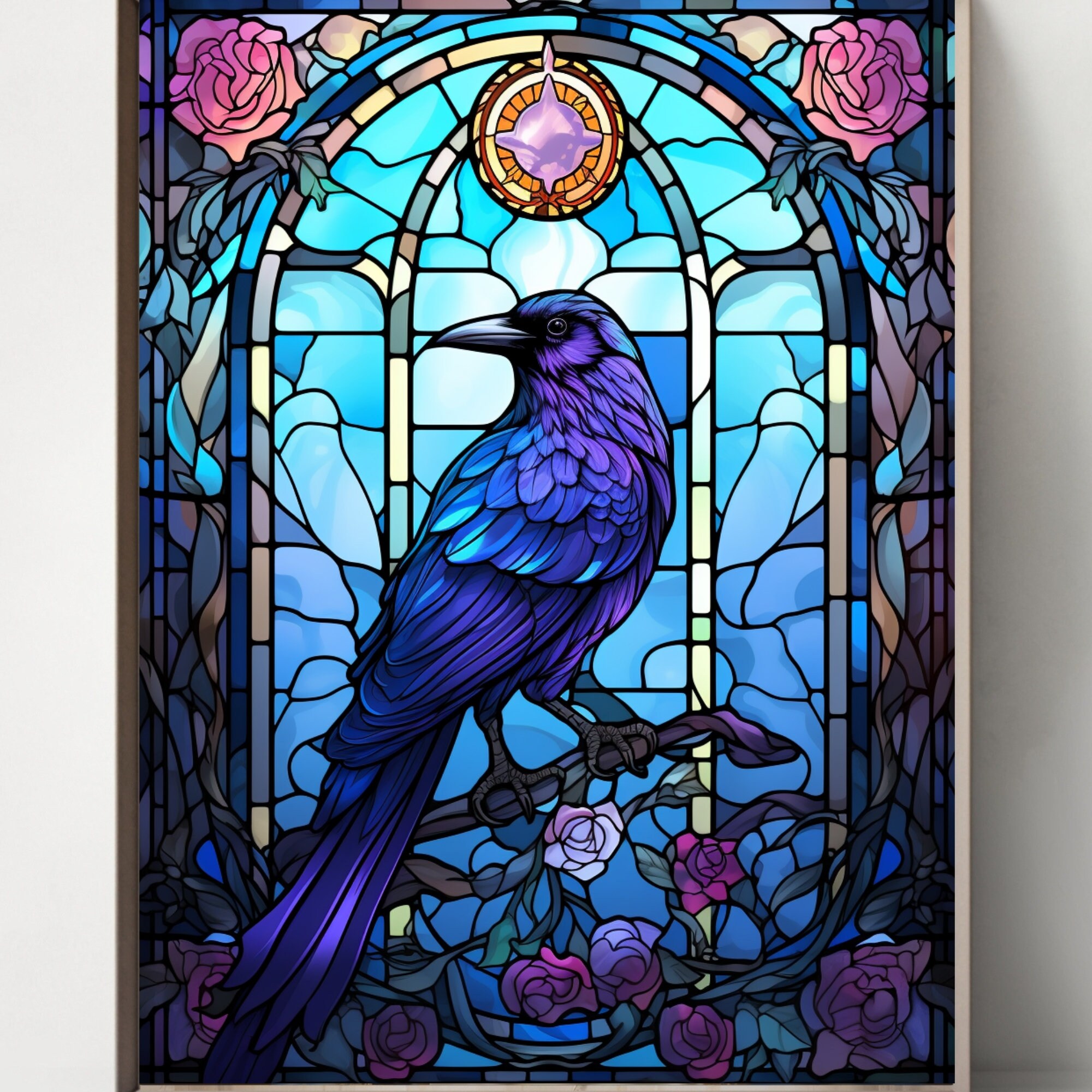 Décoration Vitrail Oiseau Bleu Acrylique 2D 20x20 Cm - Attrape-soleil Colibri - Pour Fenêtre, Jardin, Salon - Perforations Invisibles