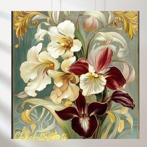 May include: A vintage botanical illustration featuring a bouquet of white and burgundy orchids with intricate gold leaf details on a teal background.