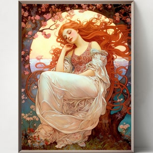 May include: A painting of a woman with long red hair, wearing a white dress with a red bodice, sleeping in a tree with pink flowers.
