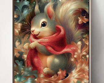 Squirrel Set of 5 Art Nouveau by William Morris, Squirrel in the Forest