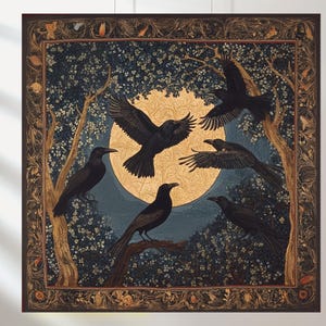 May include: A square artwork featuring six black crows against a backdrop of a full moon and a dark blue sky. The crows are perched on branches or in flight, surrounded by stylized trees and foliage, within a decorative border.
