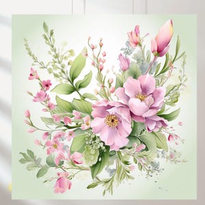 Könnte beinhalten: Aquarellmalerei eines Blumenarrangements mit großen, rosa pfingstrosenartigen Blüten mit gelben Zentren, umgeben von grünen Blättern und kleineren rosa Knospen und Blüten. Der Hintergrund ist ein weiches, helles Grün.
