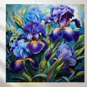 May include: A close-up of a bouquet of purple and blue irises with green leaves. The flowers are in full bloom and have a delicate, intricate pattern.