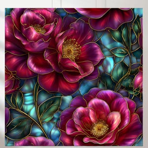 May include: A vibrant floral design featuring large, stylized roses in shades of deep magenta and burgundy. The petals are outlined with gold, and the background is a mix of teal and blue. Green leaves with gold veins add to the design.