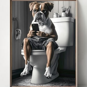 Boxer Set of 5 Boxer Dog Sitting on the Toilet and Reading the Newspaper Fun Bathroom Wall Decor Fun and Quirky Animal Prints