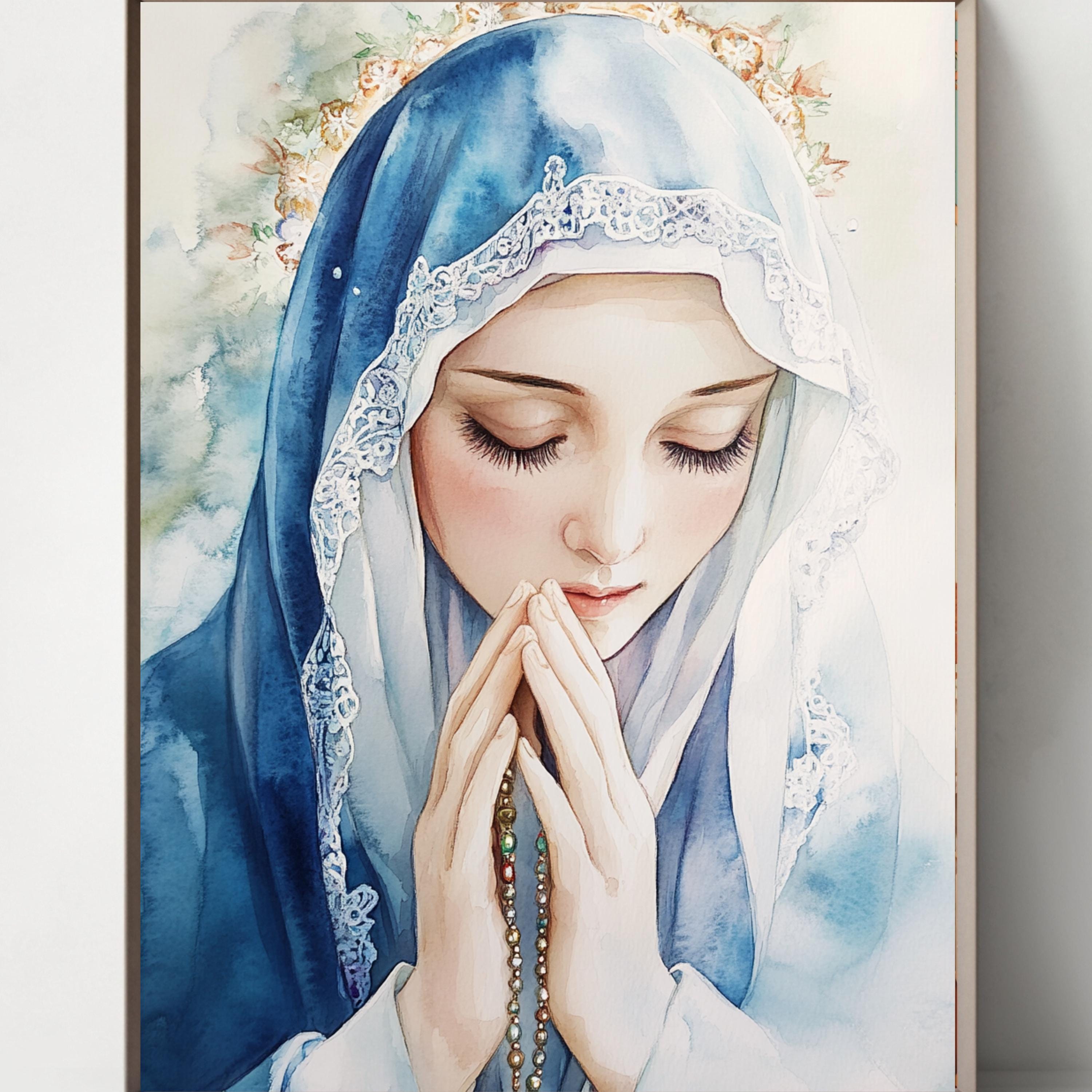 聖母マリアの水彩画アートプリント：カトリックのキリスト教の装飾