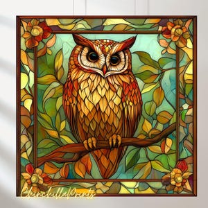 Set of  5 Owl Stained Glass Art Prints: Whimsical Bird Set (Digital Download)