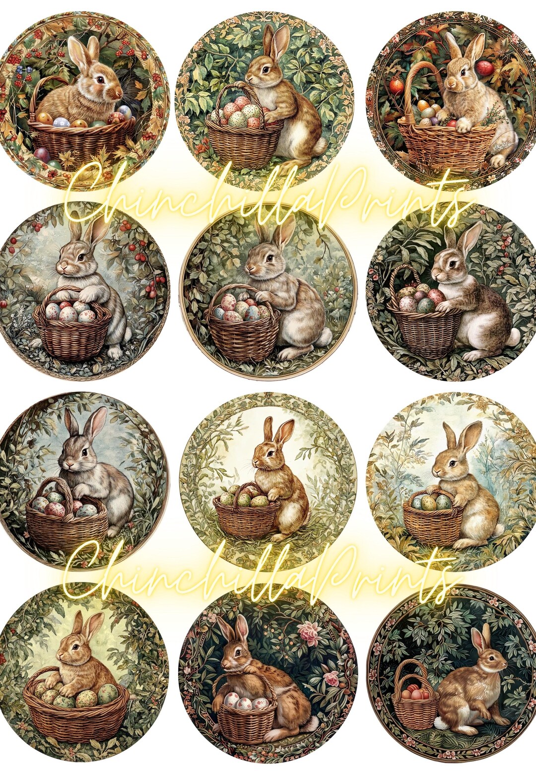 2.5 in Vintage Easter Bunny Chick Images: Round Collage Sheet (digital ...