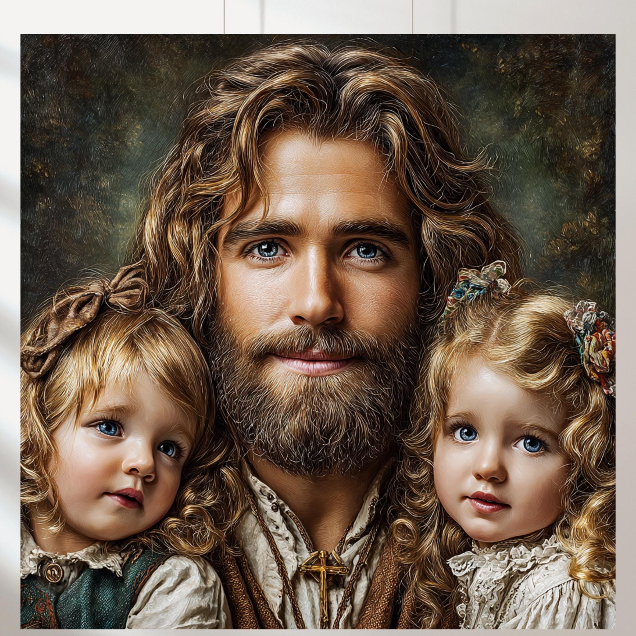 【美品】888Ｈｚ Jesus Christ ゴールド マドモアゼル・愛 巾着付 Watercolor Jesus Christ With Children Art Print (digital Download