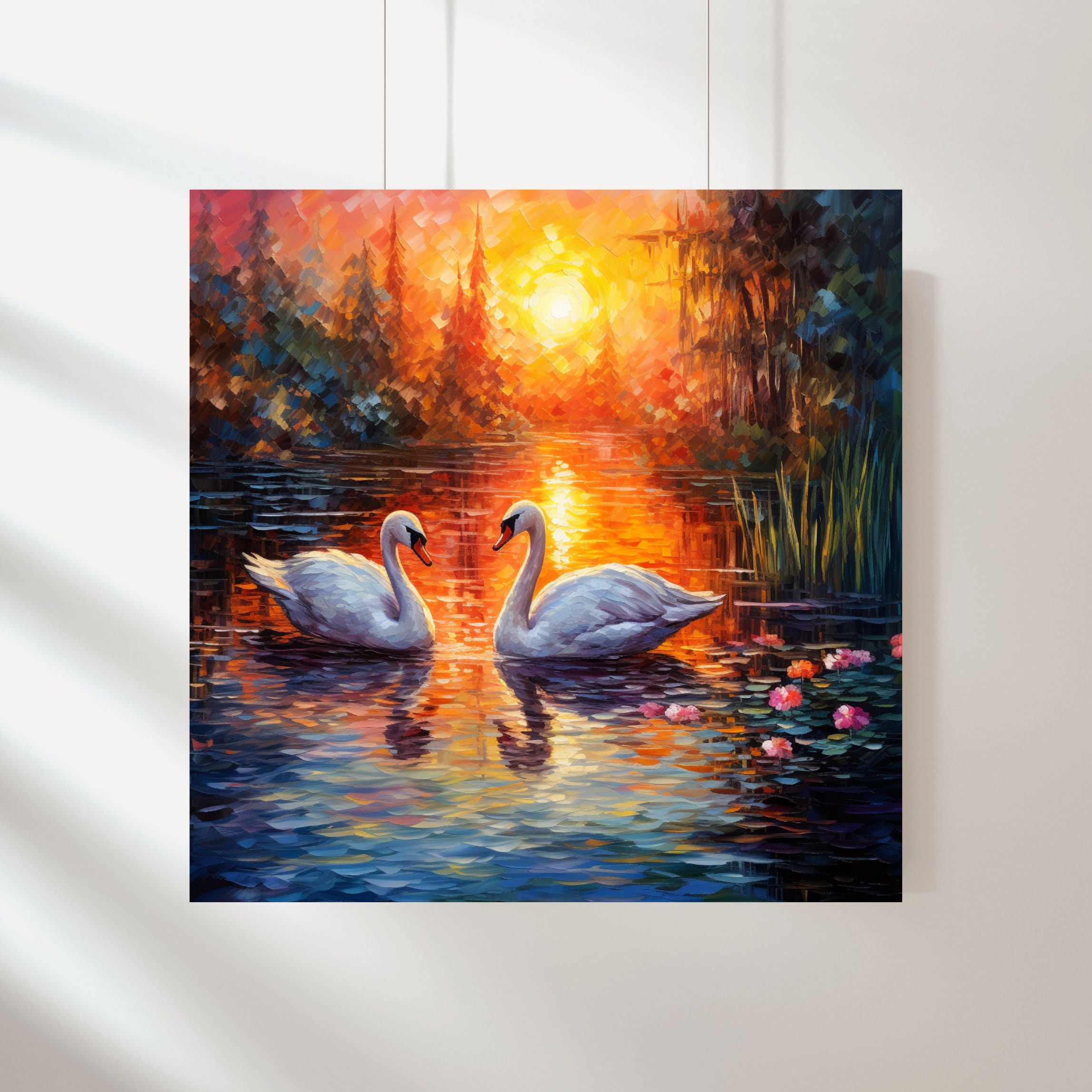 白鳥の湖のアートプリント3枚セット：穏やかな風景画（デジタル