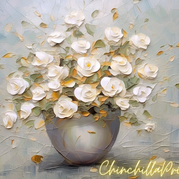 Rose White roses in a vase Oil painting roses Roses in a vase Oil painting Instant download Vintage Set of 5