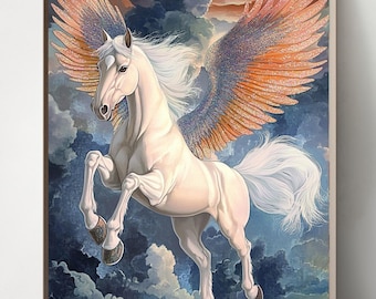 跳ねるペガサスのオリジナル木炭アートワーク - 翼のある馬ギリシャ