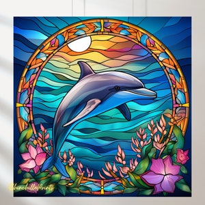 10 Seabed Dolphin Cliparts, Dolphin in the Ocean, Printable Watercolor Clipart, Stained Glass Dolphin, Digital Download, Paper Crafts