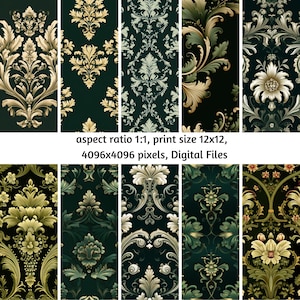 Set of 20 Seamless Green Damask Floral Patterns: Digital Paper