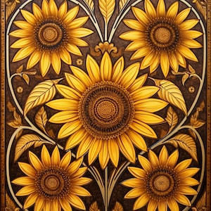 Sonnenblume Set von 5, dekorative Sonnenblumen, Sonnenblumendruck, Volkskunst, Goldmalerei, Botanische Wandkunst, Wandkunst, Blumenwandkunst