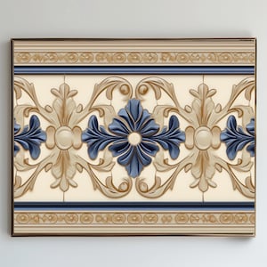 May include: A framed decorative tile with a beige background and a blue floral design. The tile has a gold frame and a decorative border.
