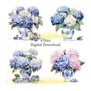 Pode incluir: Download digital em aquarela com quatro arranjos de flores de hortênsia em vasos de porcelana azul e branca. As flores são em tons de azul, branco e rosa. O texto "4 arquivos Download digital" também é visível.