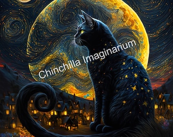 Lámina artística de Gato Negro en la Noche Estrellada: Formato cuadrado (Descarga digital)