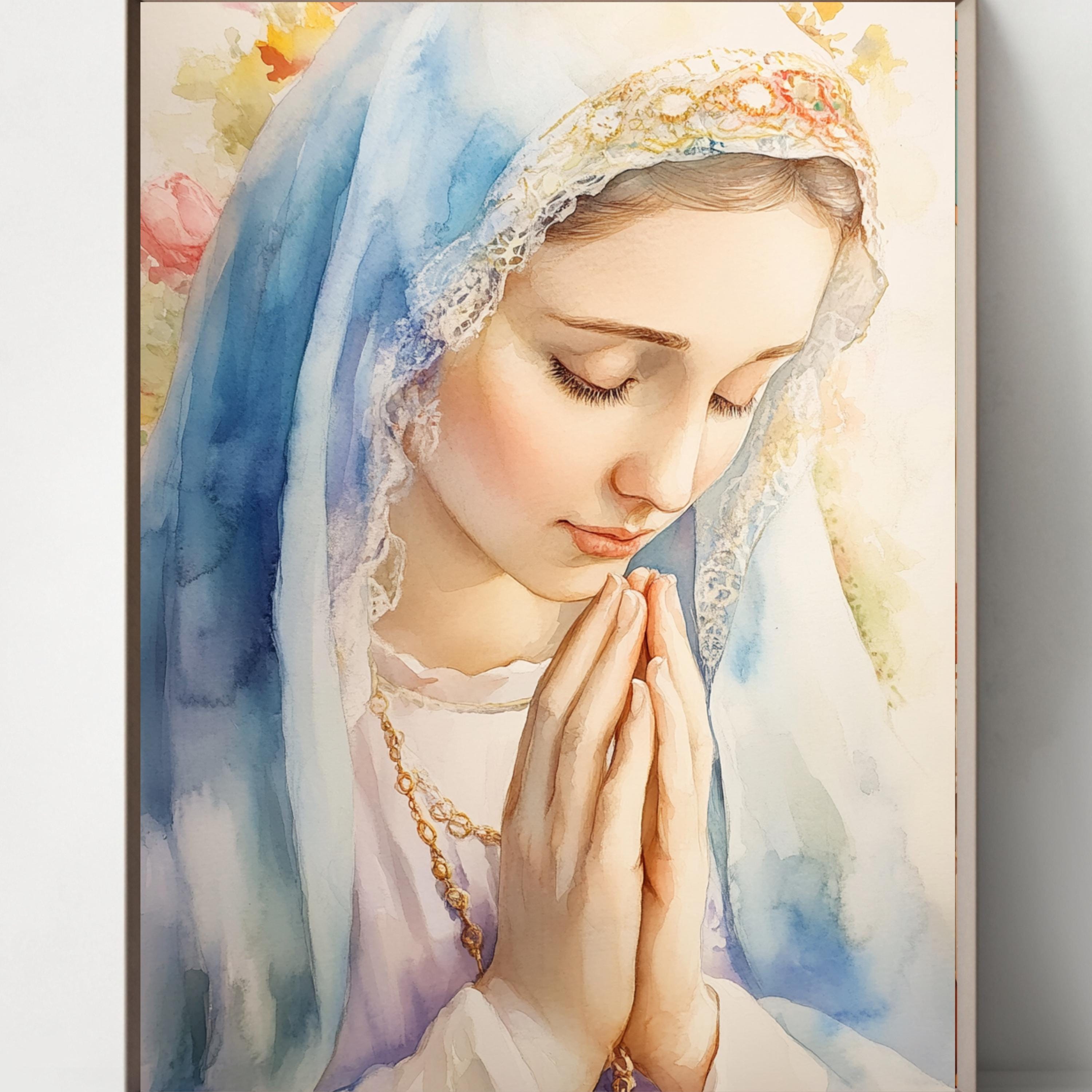 聖母マリアの水彩画アートプリント：カトリックのキリスト教の装飾