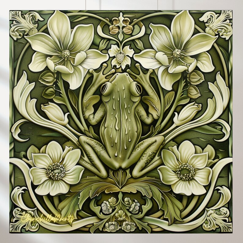 K&ouml;nnte beinhalten: Quadratische Wandkunst mit einer stilisierten Frosch-Darstellung, umgeben von floralen Elementen. Die Kunst verwendet eine Farbpalette aus Gr&uuml;n- und Off-White-T&ouml;nen mit einer strukturierten Oberfl&auml;che. Das Design ist symmetrisch, mit dem Frosch im Zentrum und Blumen an den Ecken.