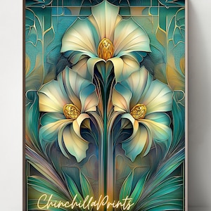 May include: A framed art print featuring a stylized floral design. The artwork showcases three large, cream-colored flowers with golden centers, set against a teal and gold background. The print has the text "ChinchillaPrints" at the bottom.