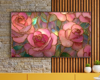 Set of 4 2x1 Victorian Stained Glass Flower: Golden Age Retro Art