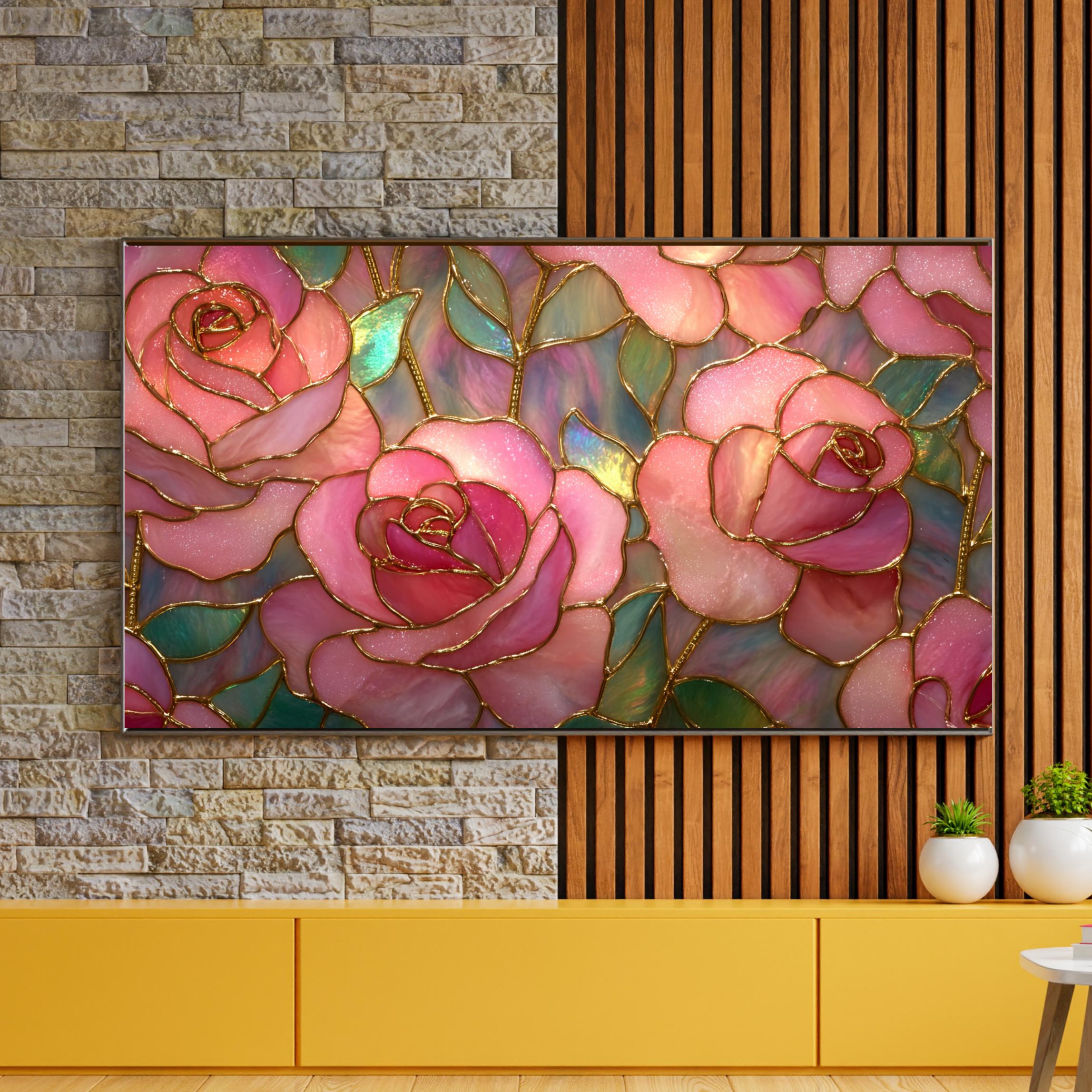 Set of 4 2x1 Victorian Stained Glass Flower: Golden Age Retro Art